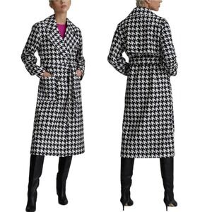 NVLT NWT Houndstooth Double Breasted Belted Trench Coat Black White Women Large